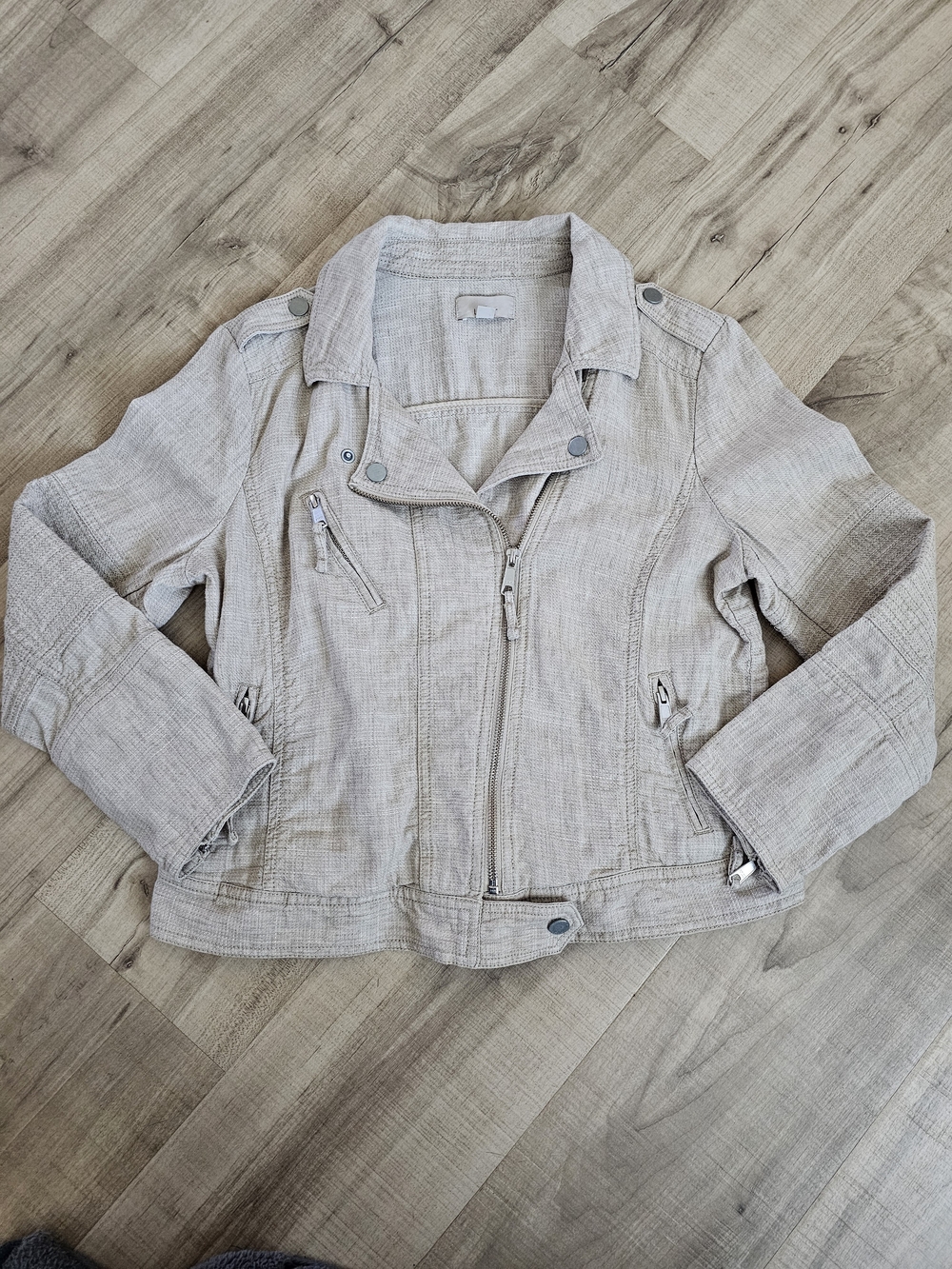 Women's Lightweight Beige Moto Jacket In Cotton/Linen Blend, Size Medium